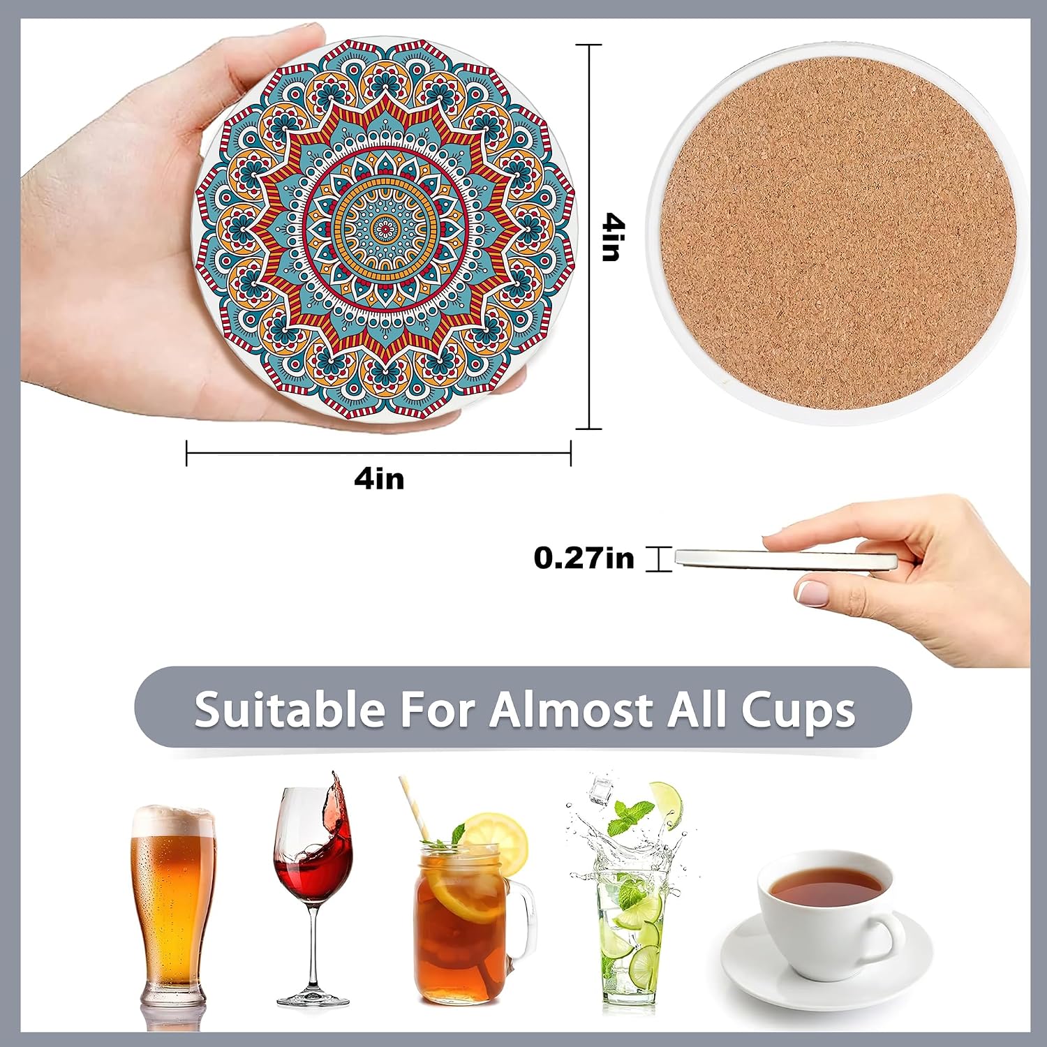 Holder / Absorbent Ceramic Coasters / Mandala Boho Flower / Set of 6