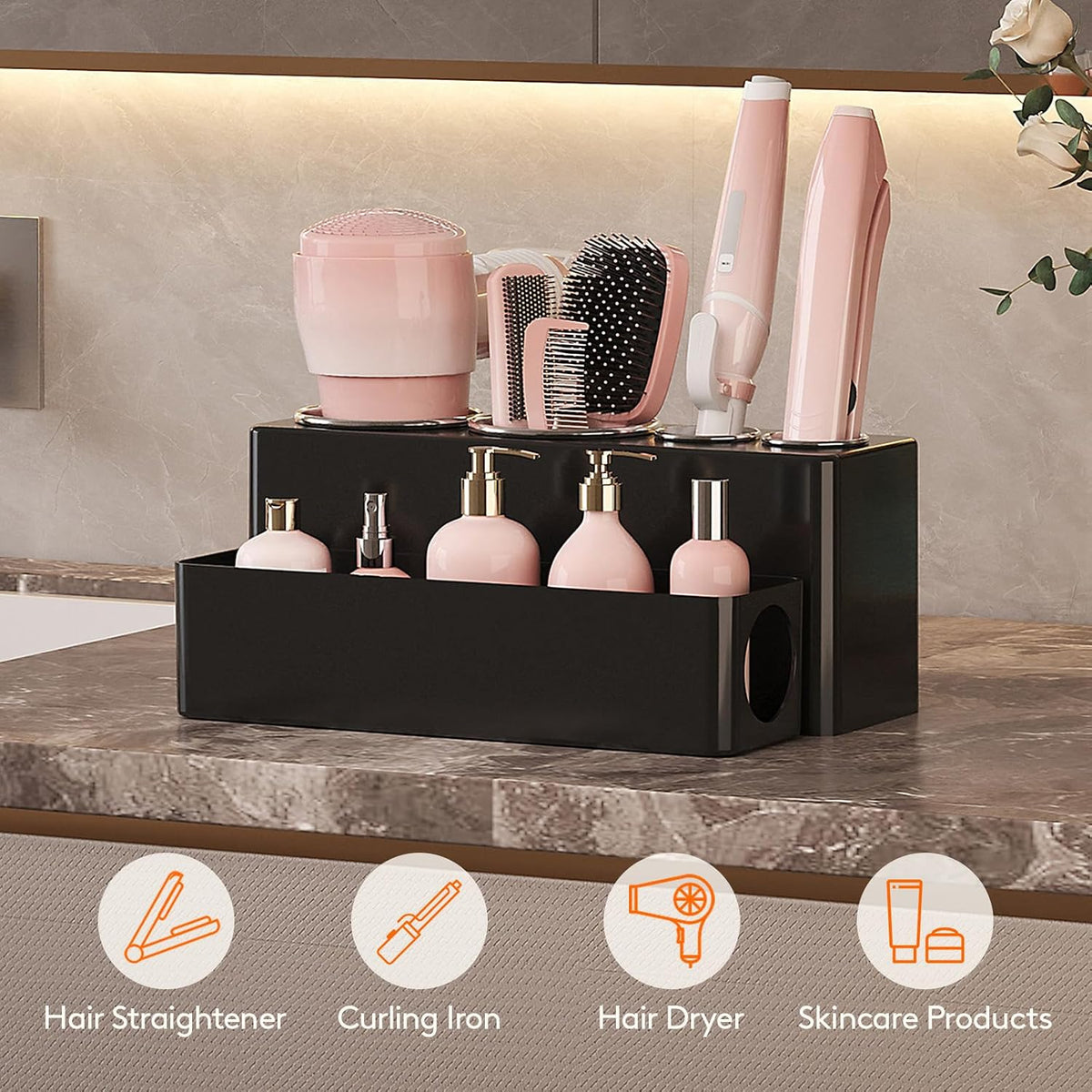 Lifewit Hair Tool Organizer Dryer Holder Countertop with 4 Cups, Black | 4 Stainless cups Tools Organizer, Acrylic body