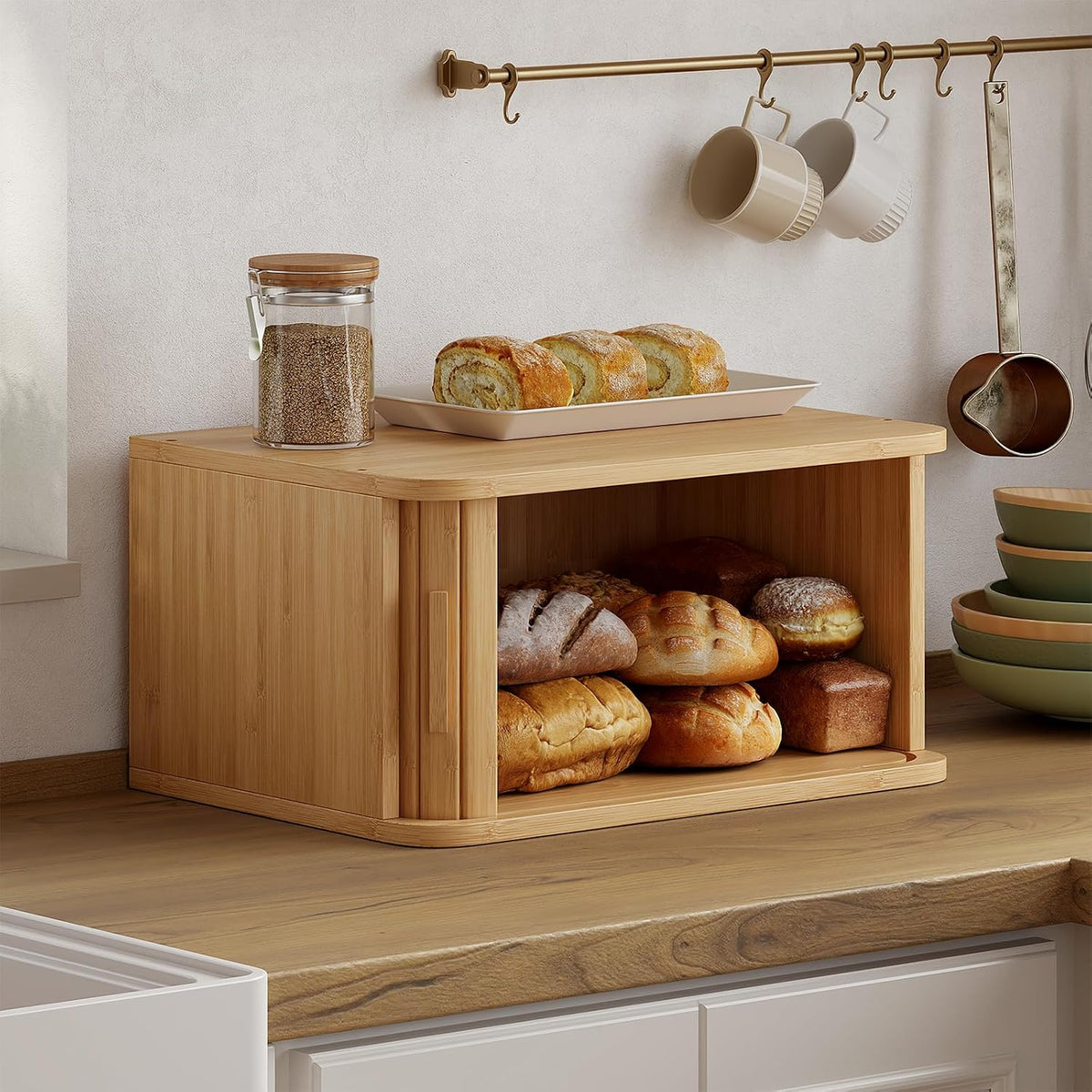 WOWLIVE Roll Top Bread Box for Kitchen Countertop, Bamboo Bread Storage | Airtight Bread Containers, Large Bread Bin