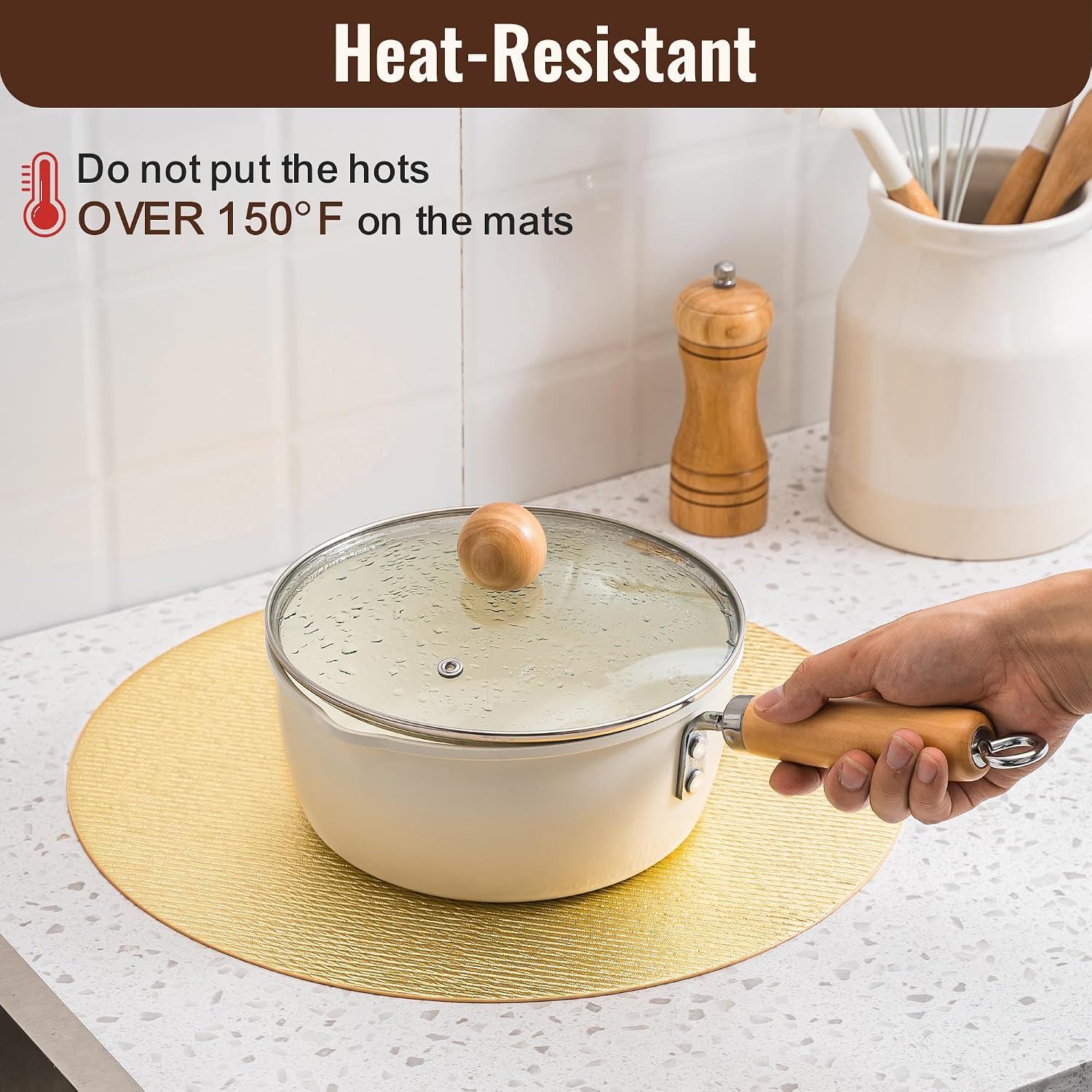 Jovono 15" Faux Leather Big Round Placemats Set of 8 - Washable Heat Resistant Non-Slip Dining Table Mats with Fabric