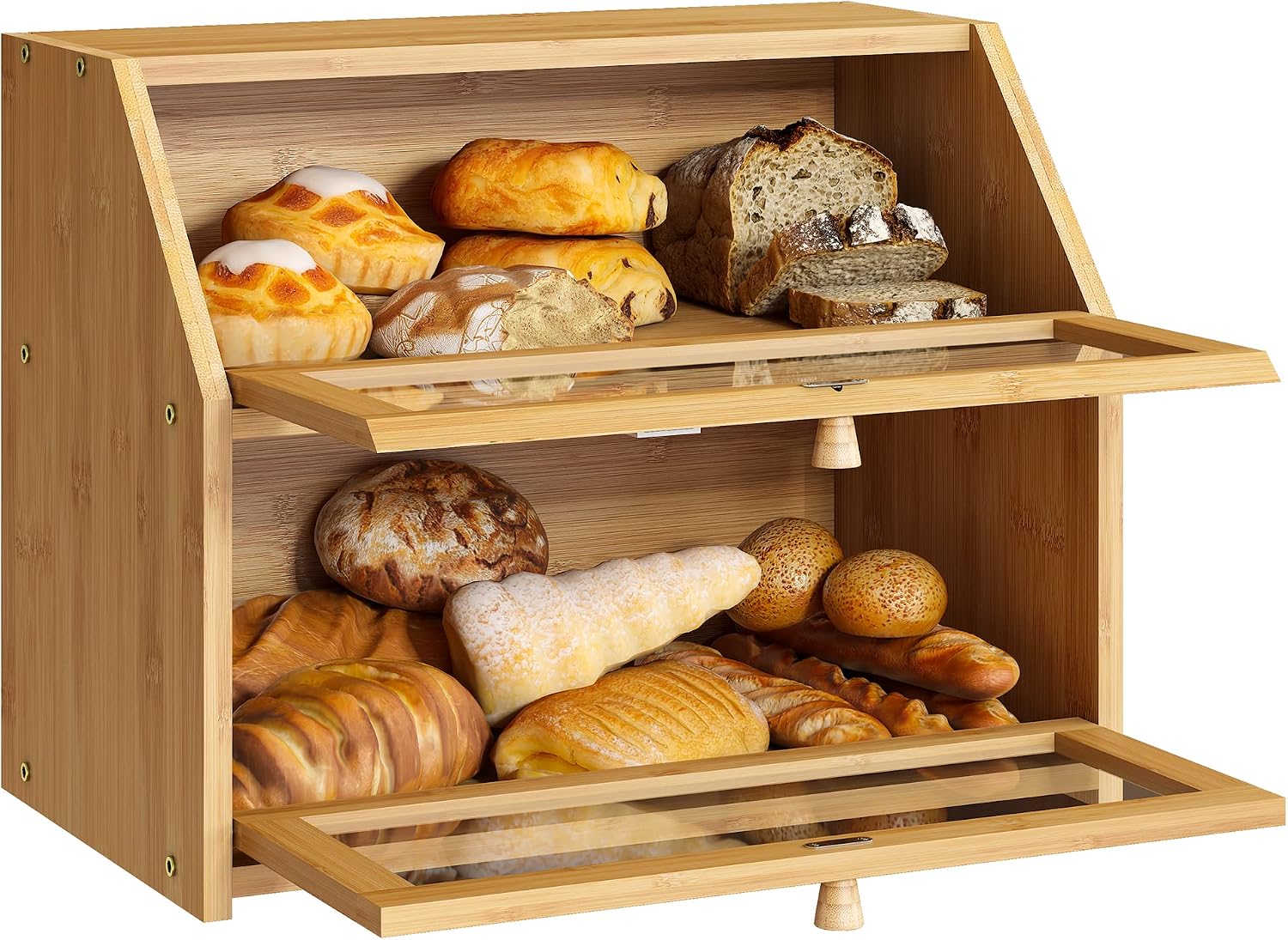 BMOSU Farmhouse Bread Box for Kitchen Countertop Bread box Double Layer Bamboo Wooden Extra Large Capacity Bin Kitchen