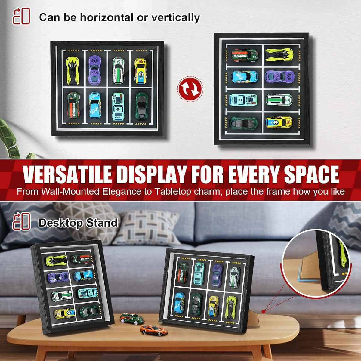 Magnetic 1:64 Diecast Display Frame, Clear Acrylic Model Car Shadow Box with Parking Layout Mat for Matchbox Hot Wheel