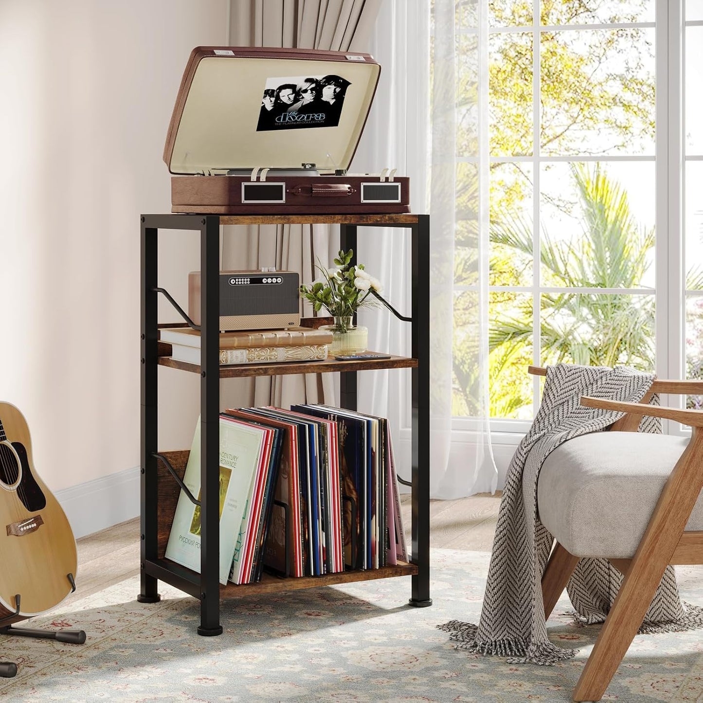Hosfais 3 Tier Record Player Stand, Retro Vinyl Storage End Table Records for Living Room Bedroom (Brown)