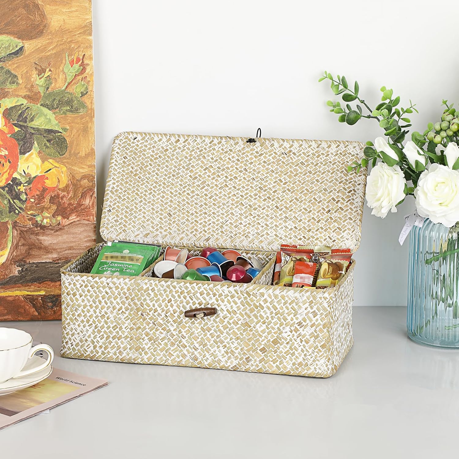 Seagrass Storage Basket Bin 3 Sections Hand-Woven Wicker Baskets / Medium / Whitewash
