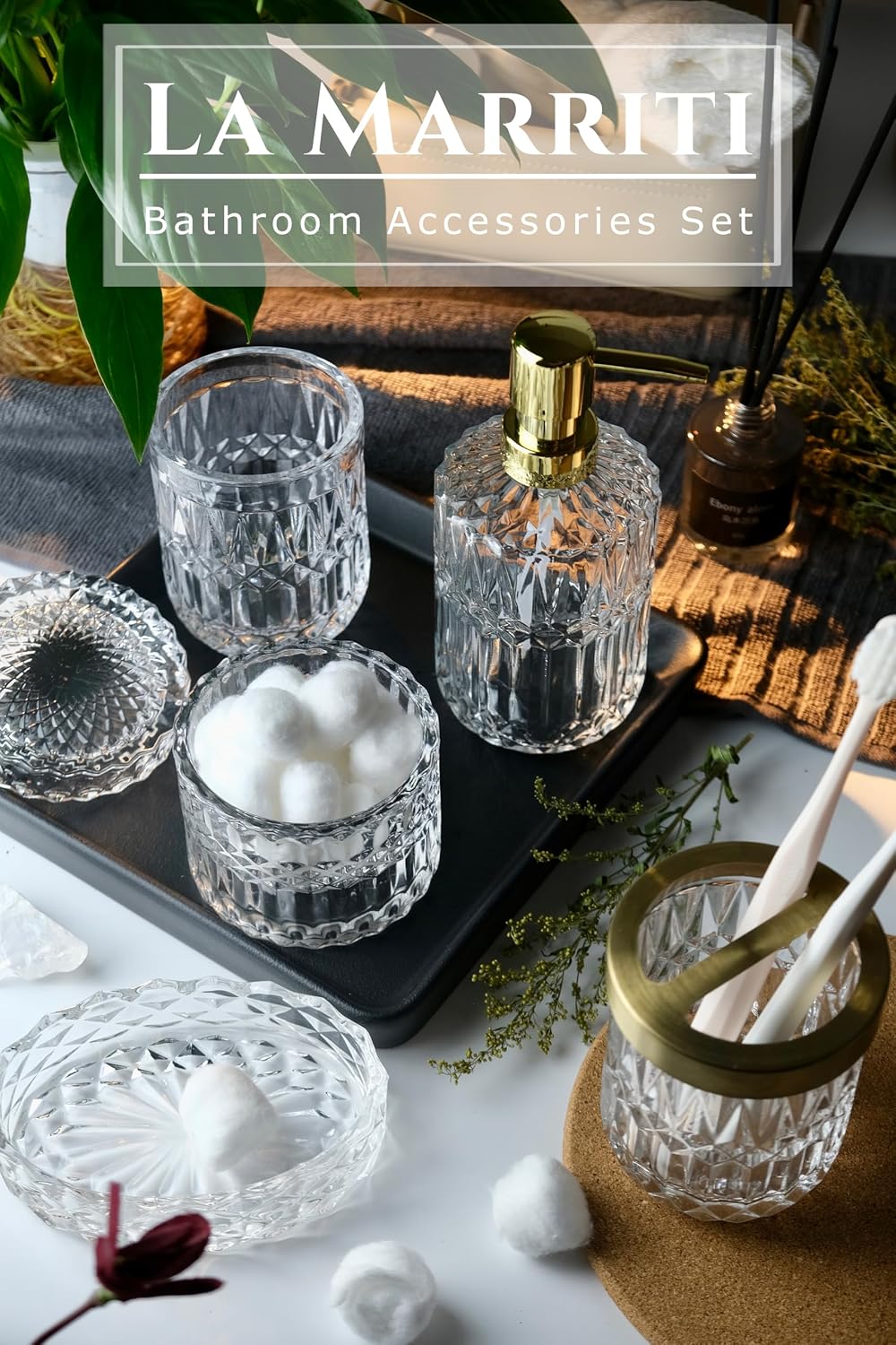 LaMarriti Clear Bathroom Accessories Set, 5pcs Crystal Glass Bathroom Set | Soap Dispenser, Toothbrush Holder Set, Soap