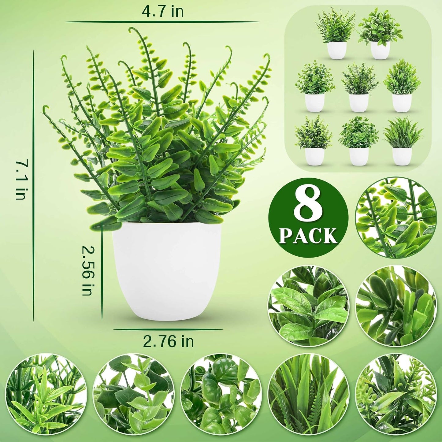 Fake Plants Small Artificial Faux Potted Plants / Set of 8