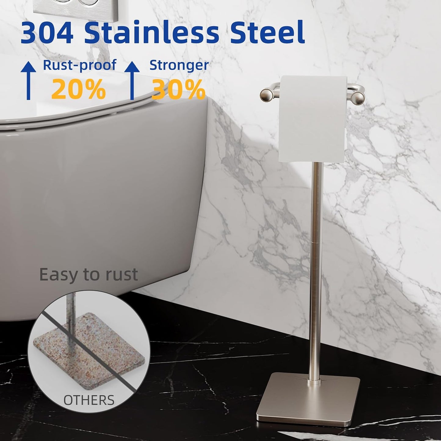 RUACQ Bathroom Toilet Paper Holder Stand, Brushed Nickel | Dual-Post Pivoting Free Standing Toilet Roll Holder with