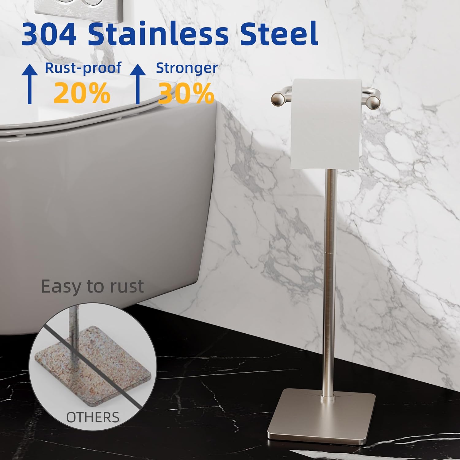 RUACQ Bathroom Toilet Paper Holder Stand, Brushed Nickel | Dual-Post Pivoting Free Standing Toilet Roll Holder with