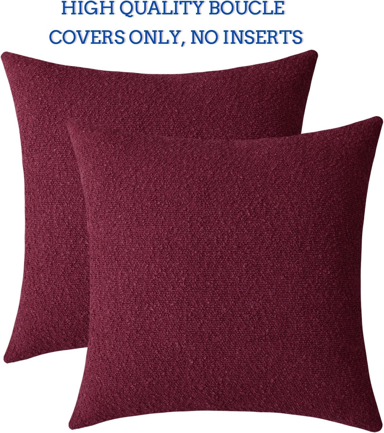 Decorative Square Thick Throw Pillow Covers Fine Textured Boucle / Burgundy Red / 18 x 18 / Set of 2
