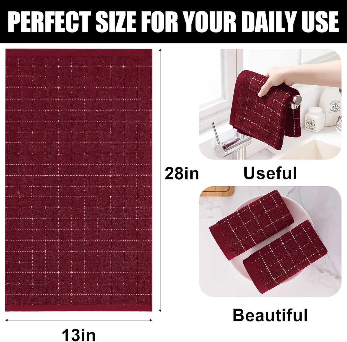 Homaxy 100% Cotton Terry Kitchen Towels, 8 Pack, Burgundy | Ultra Soft and Absorbent Dish Towels for Kitchen, Suitable