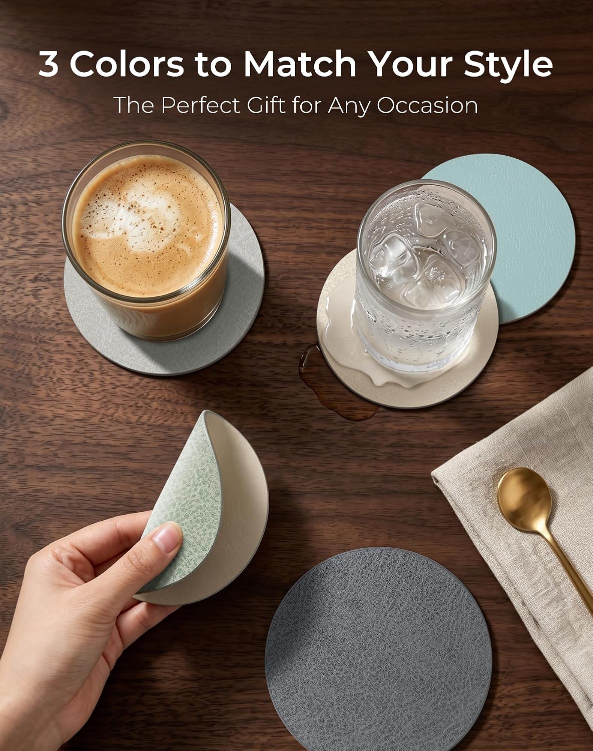 Holder / Reversible Leather Coasters / Mist Grey / Set of 18