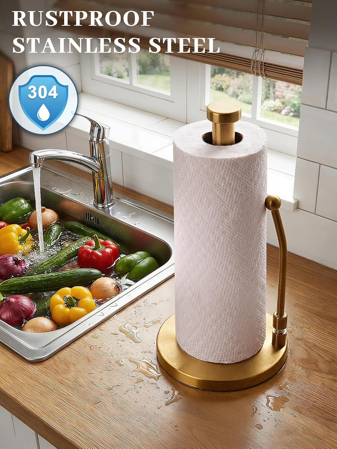 SMARTAKE Paper Towel Holder Countertop, Non-Slip Weighted Base, Gold | Freestanding Kitchen Roll Dispenser, Rustproof