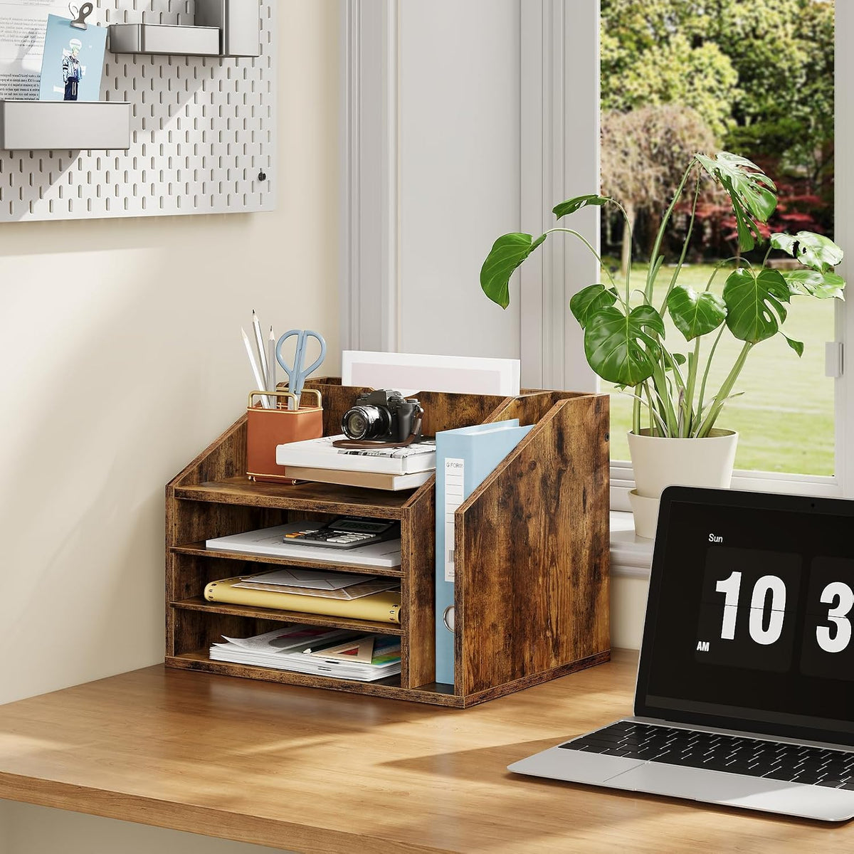Wooden Desk Organizer with Adjustable Partitions, Multi-Layer Desktop File Holder for Home Office, Paper & Stationery
