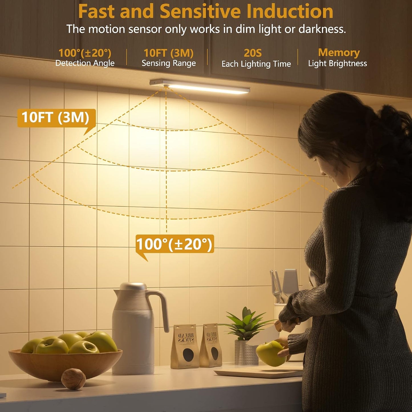3 Pack Under Cabinet Lights, 32 LED Warm White Rechargeable Under Cabinet Lighting Motion Sensor LED Lights for
