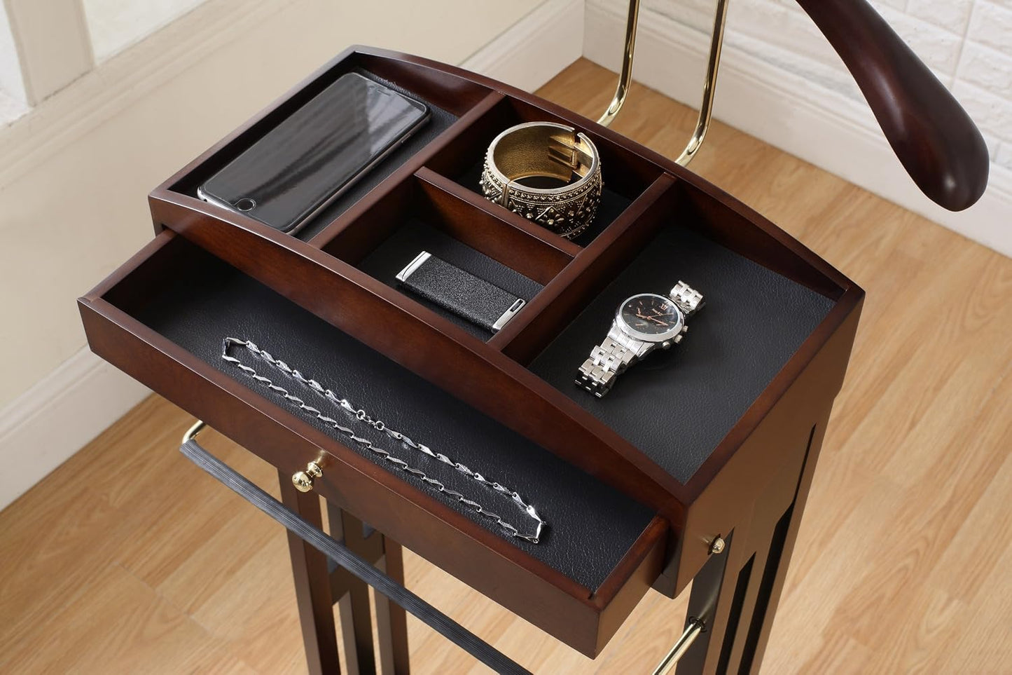Proman Products Milan Valet Stand with Drawer, Top Tray, Contour Hanger, Trouser Bar, Tie & Belt Hooks and Shoe Rack