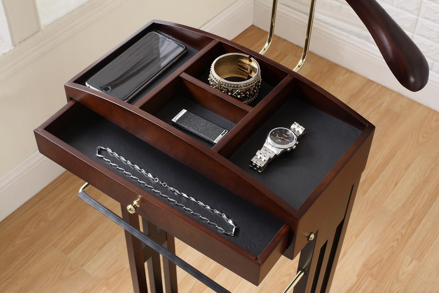 Proman Products Milan Valet Stand with Drawer, Top Tray, Contour Hanger, Trouser Bar, Tie & Belt Hooks and Shoe Rack