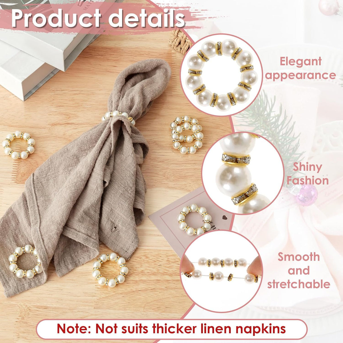 240 Pcs Gold Pearl Napkin Rings, Imitation Pearl Ring Napkin Holder, Delicate Disposable White & Gold Napkins Rings