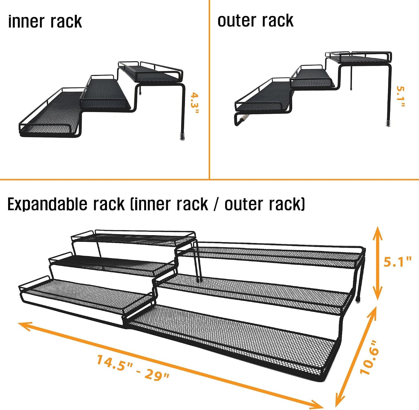 3 Tier Wide Expandable Cabinet Spice Rack Organizer (14.5" to 29.1") - Step Shelf with Protection Railing, Black