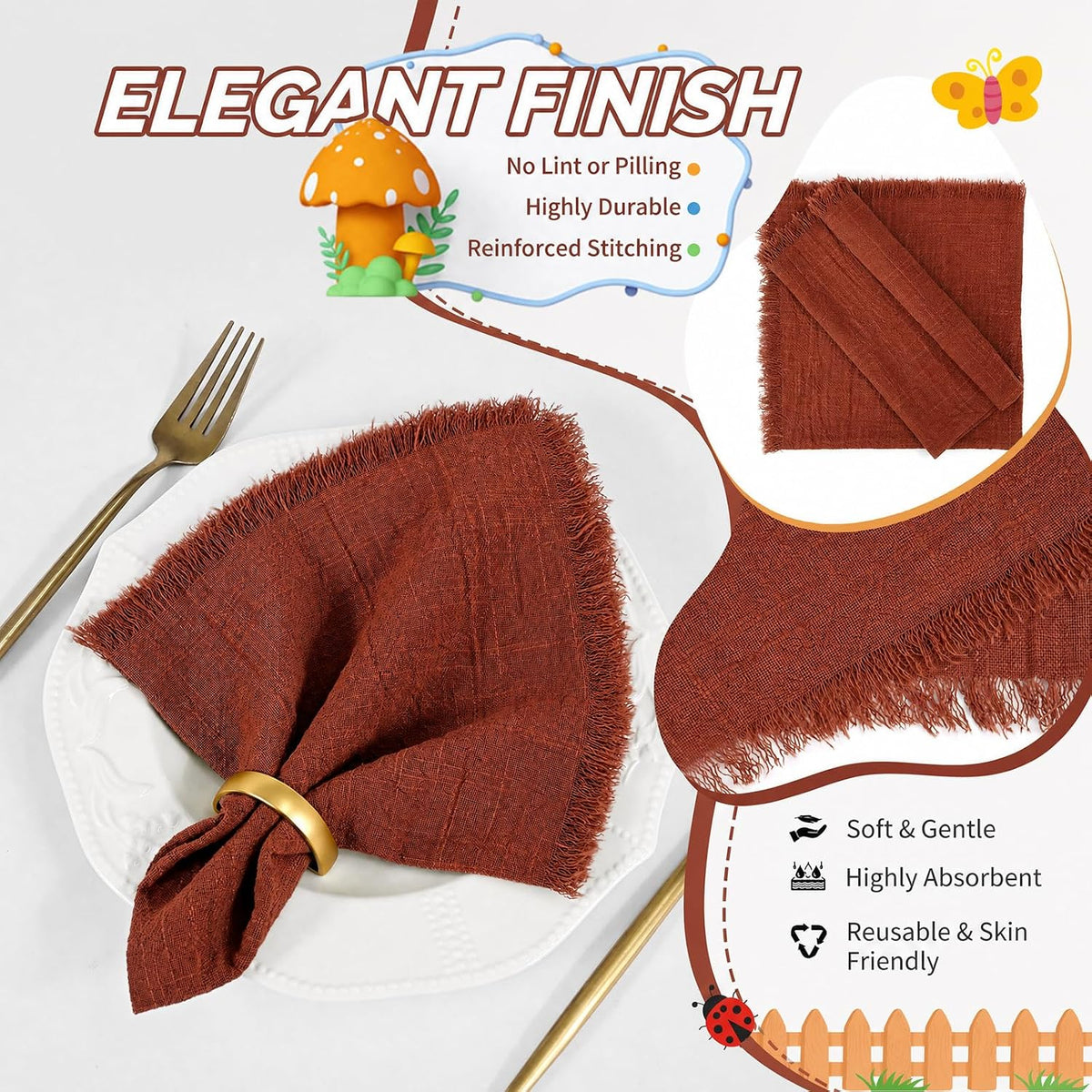 Showgeous 60 Pack Terracotta Cloth Napkins with Fringe, 16x16 inch | 100% Cotton Terracotta Napkins Handmade Dinner