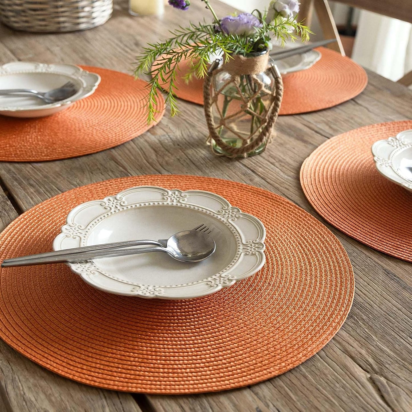 FunWheat Round Braided Placemats Set of 8 Table Mats for Dining Tables Woven Washable Non-Slip Place mats 15