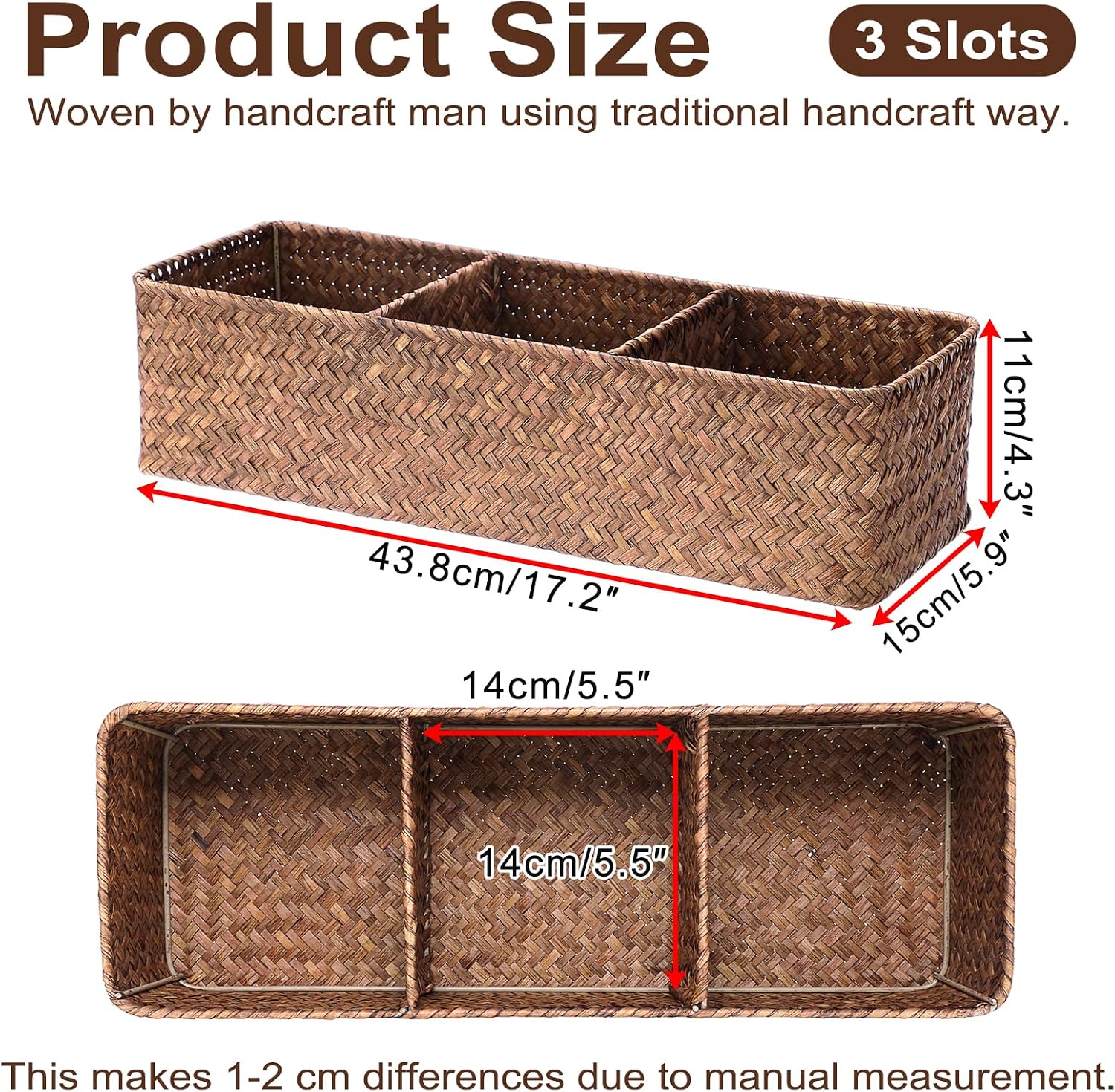 Handwoven Wicker Storage Box 3 Sections Seagrass Basket Bin Toilet Paper Holder / Large / Coffee