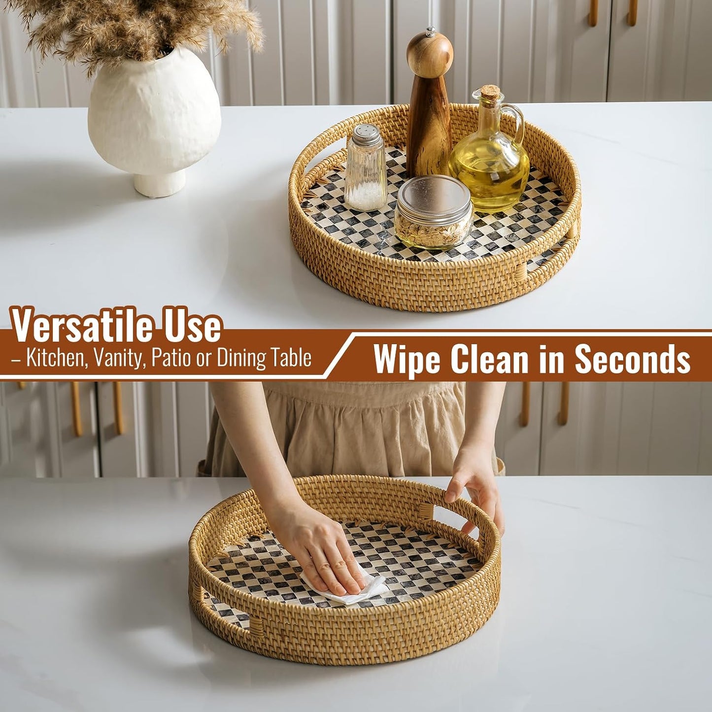 in Round Rattan Serving Tray / Black / 13.8 Inch