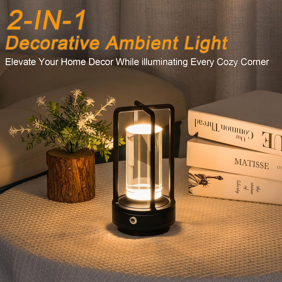 Cordless Table Lamp Rechargeable, Battery Operated Crystal Lamp | Stepless Dimming Touch Control, 3 Color LED Bedside
