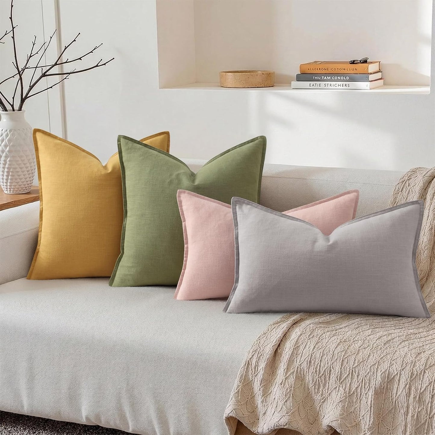 Fall Decorative Linen Throw Pillow Covers Lumbar Pillow Covers / Pink / 20 x 12 / Set of 2