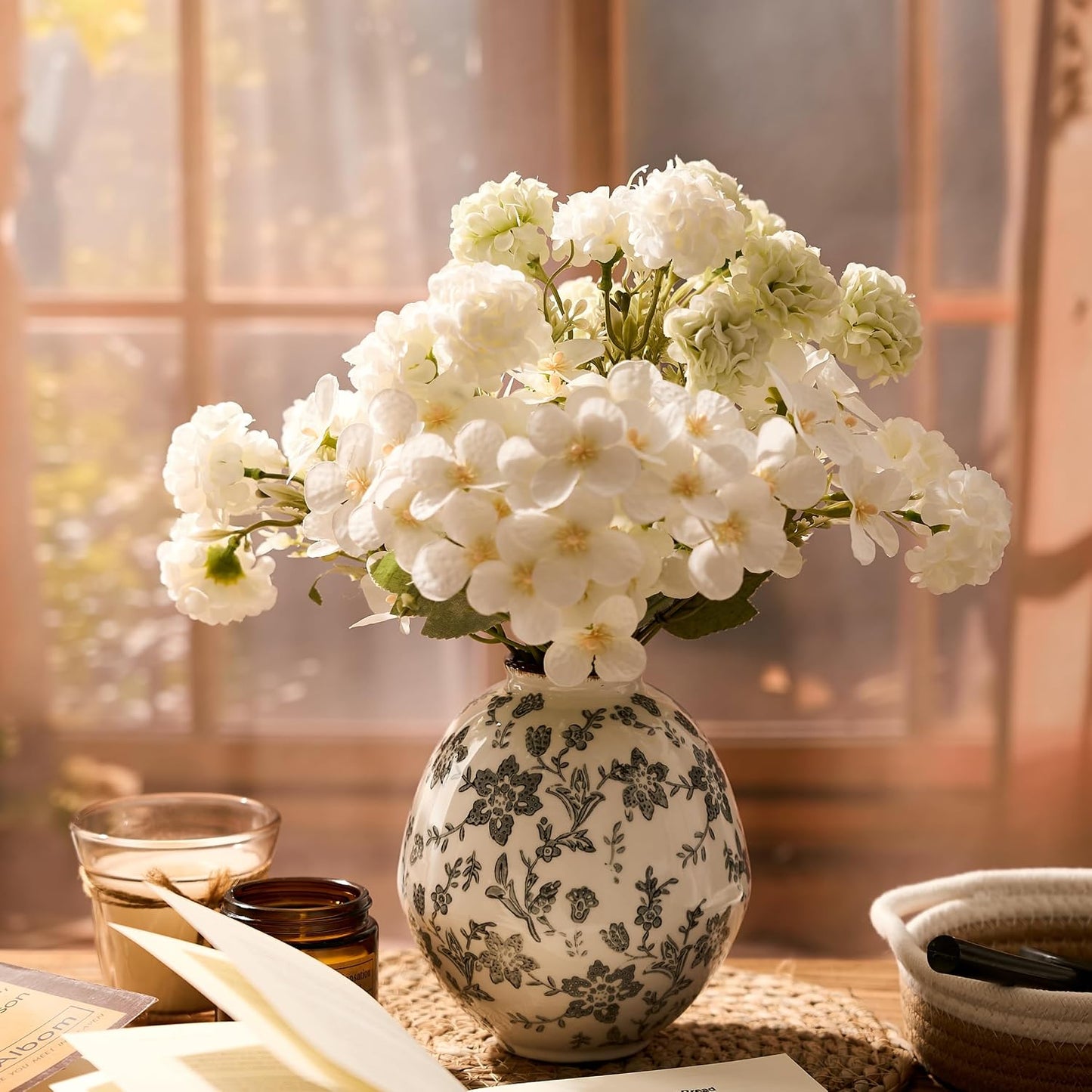 Antique Rustic Ceramic Vase / Gray Chinoiserie Floral- 5.83 / 5.83 Inch