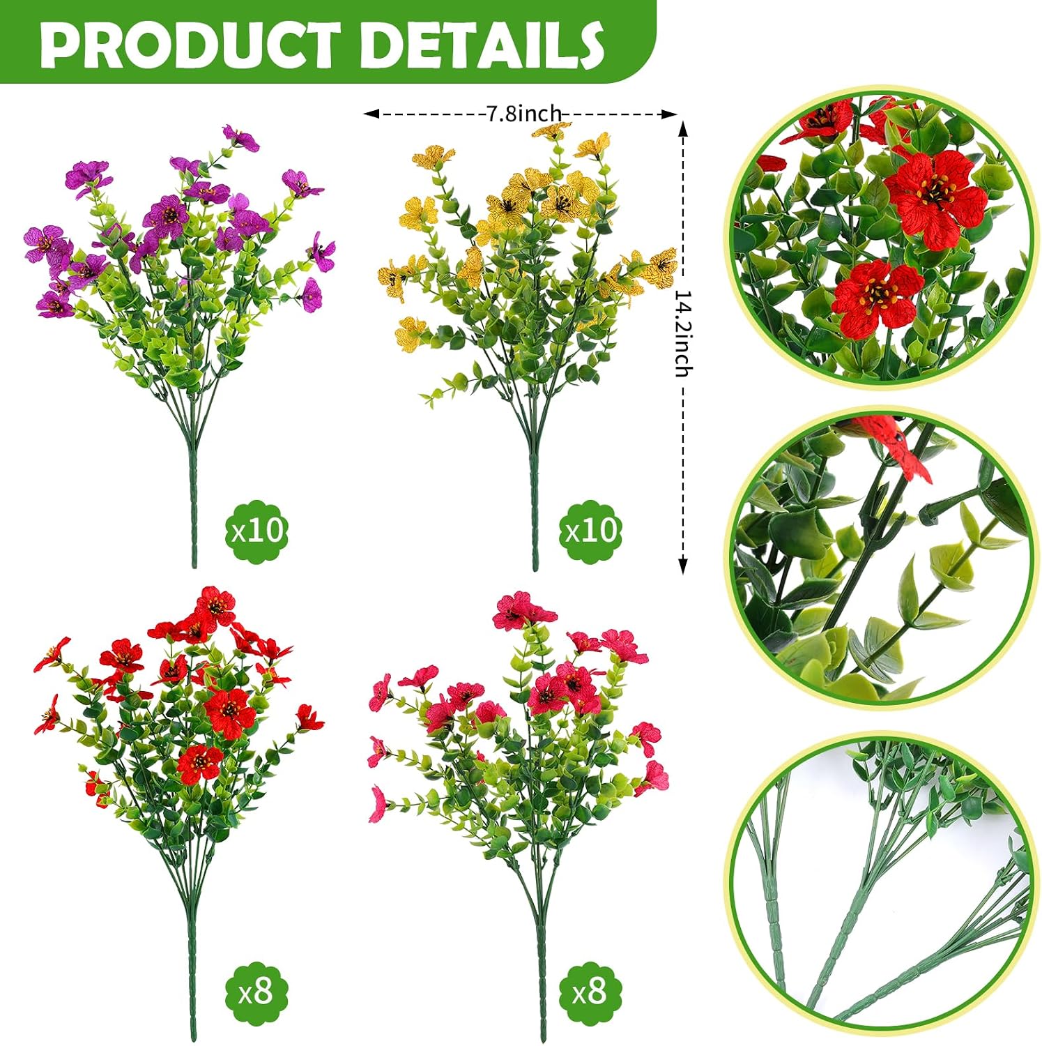 36 Bundles Artificial Flowers Outdoors UV Resistant Fake / Red, Purple, Yellow, Rose Red / Set of 36