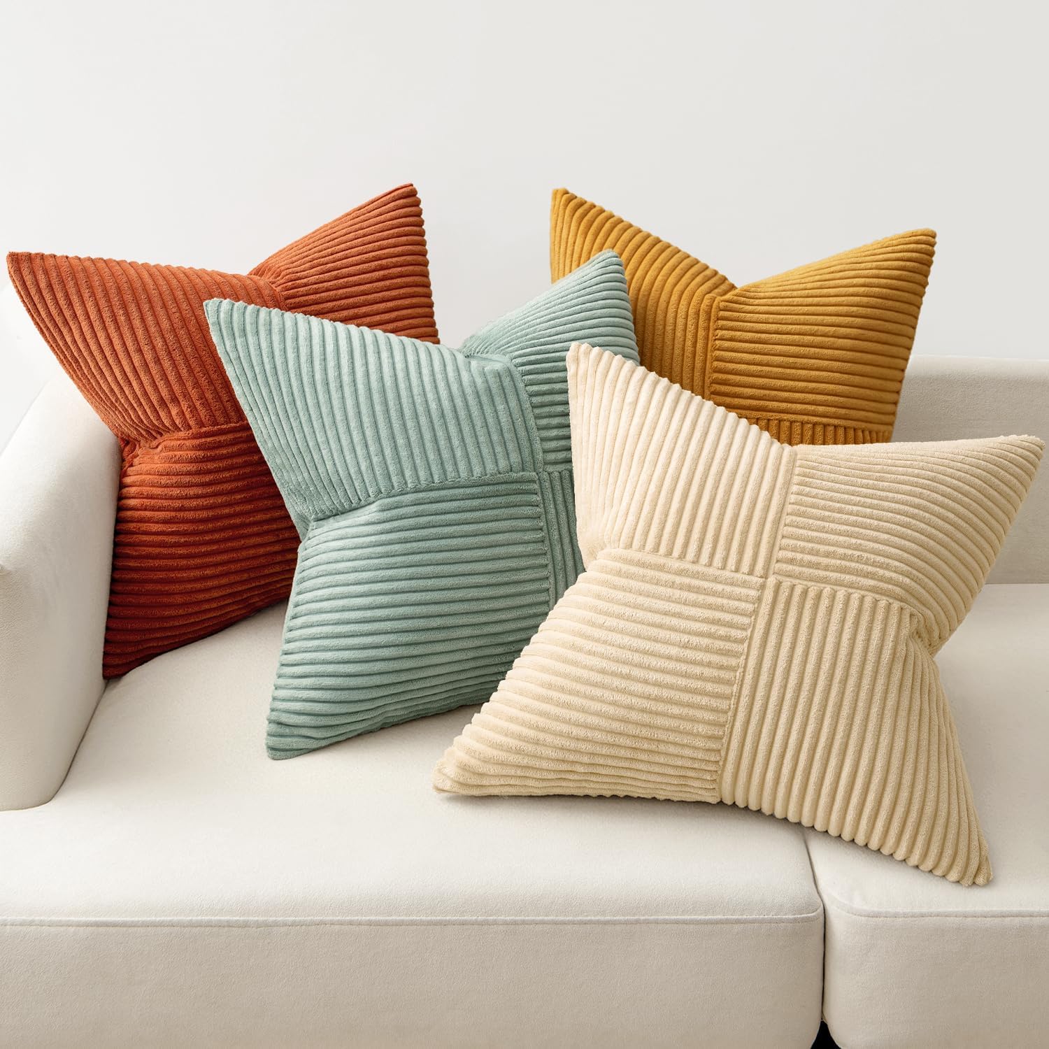 Decorative Throw Pillow Covers Boho Corduroy Striped Cushion / 18 x 18 / Teal Orange / Set of 4