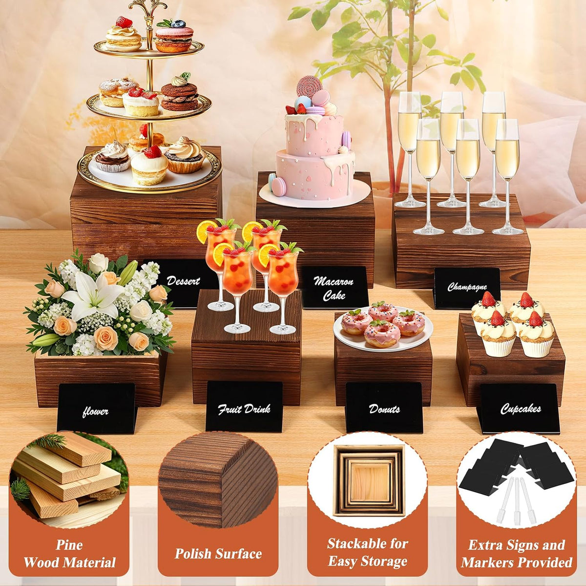 Qinzave 7 Pack Wooden Risers Display Stands with Acrylic Maker Pen and Mini Sign, Food Risers for Buffet Table Shelf