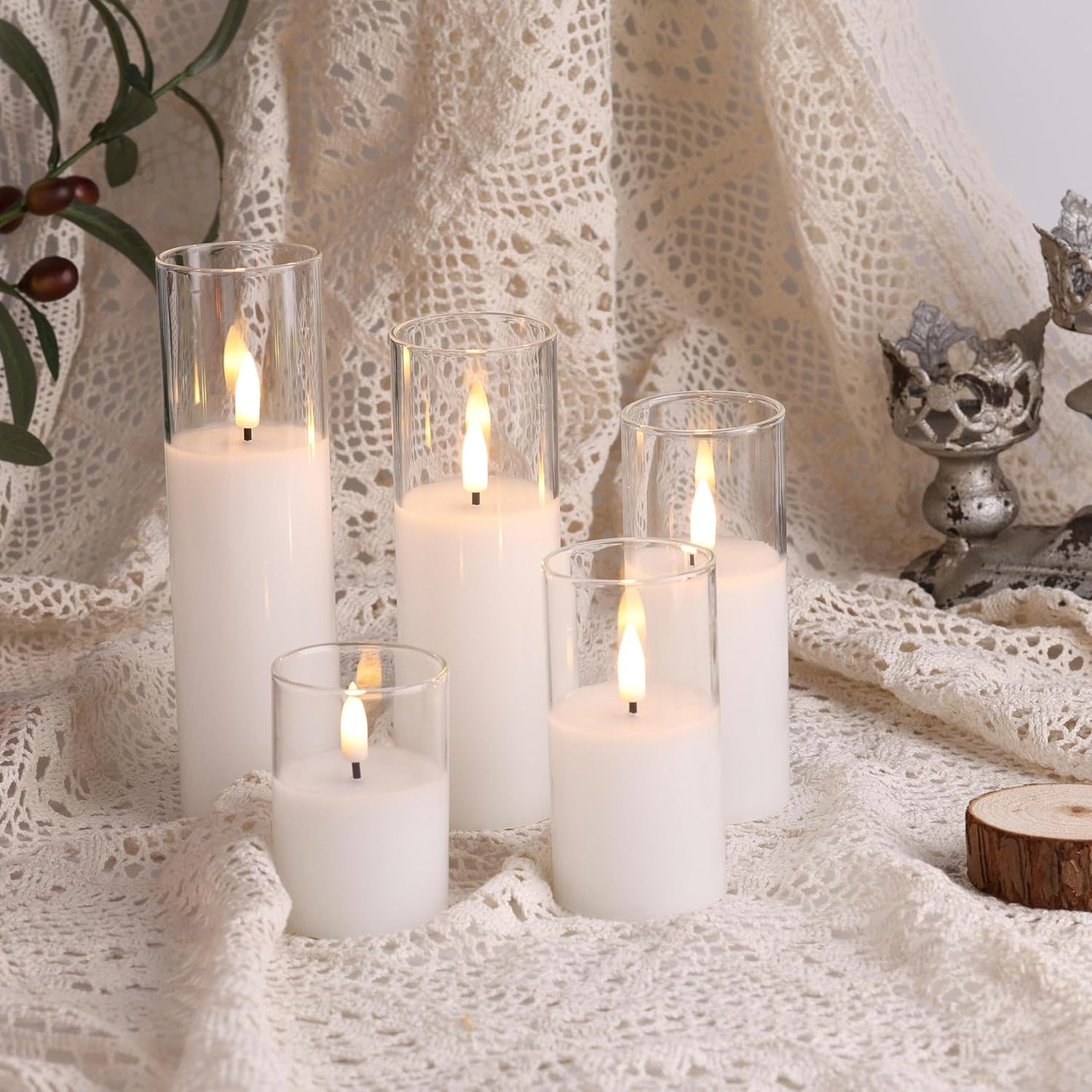 Clear Glass Fake Pillar Candles with Remote Batteries Set of 5 | Flickering Tall Flameless LED Candles, Wedding Home
