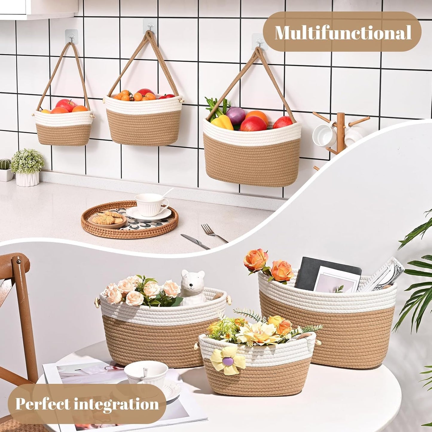 3-Tier Woven Wall Basket / Classic / Jute & White
