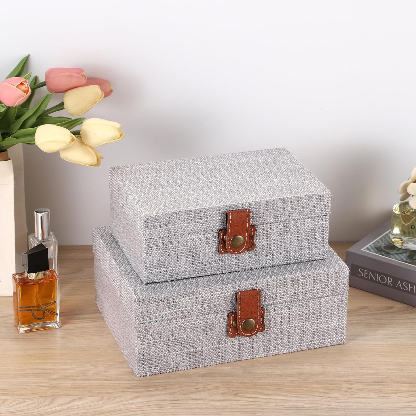 Linen Covered Treasure Chest for Women Gift Photo Organizer / Medium / Gray