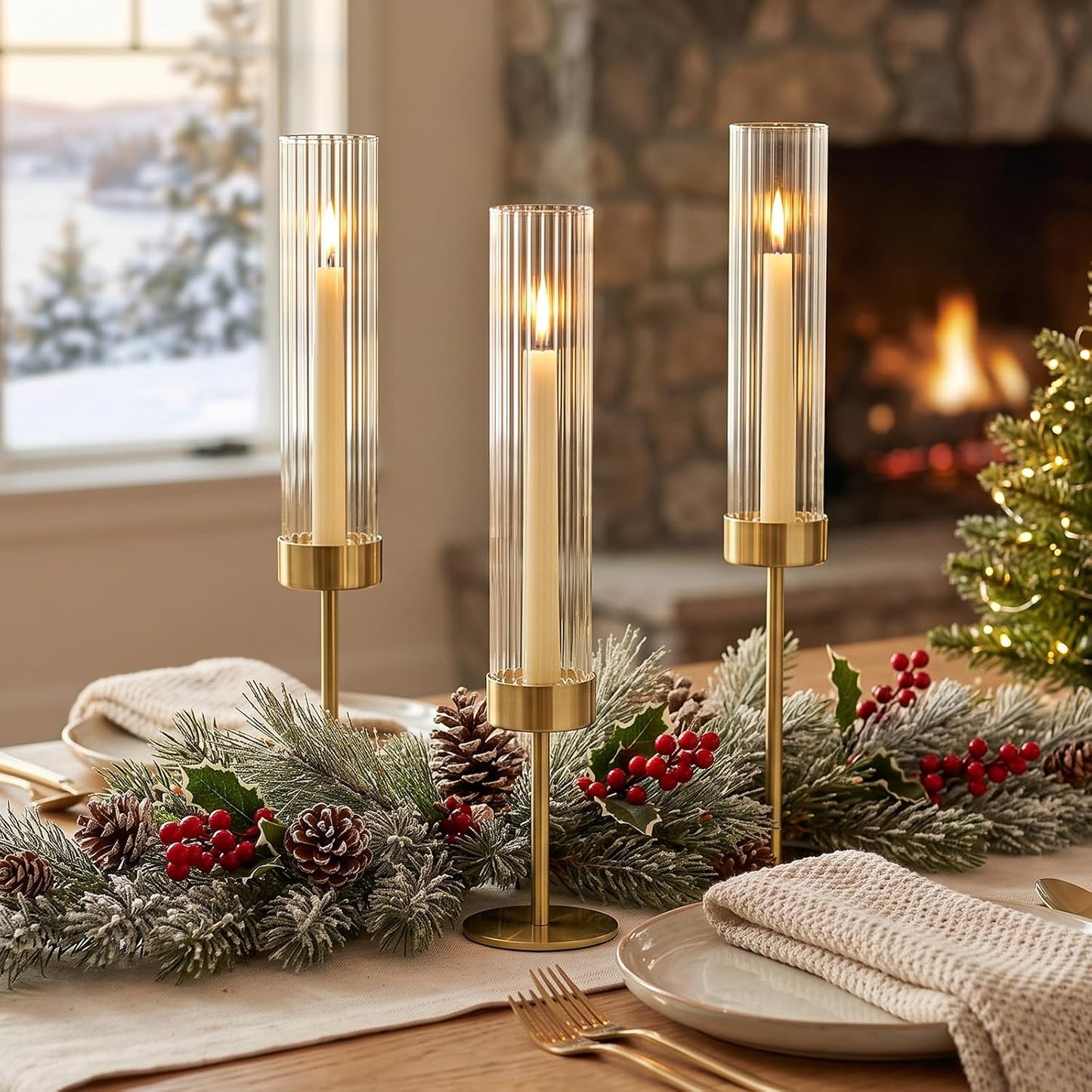Gold Hurricane Taper Candle Holders,2 Sets(6 Pcs) Brass Tall Candlestick Holders with Ribbed Glass Cylinder, Table