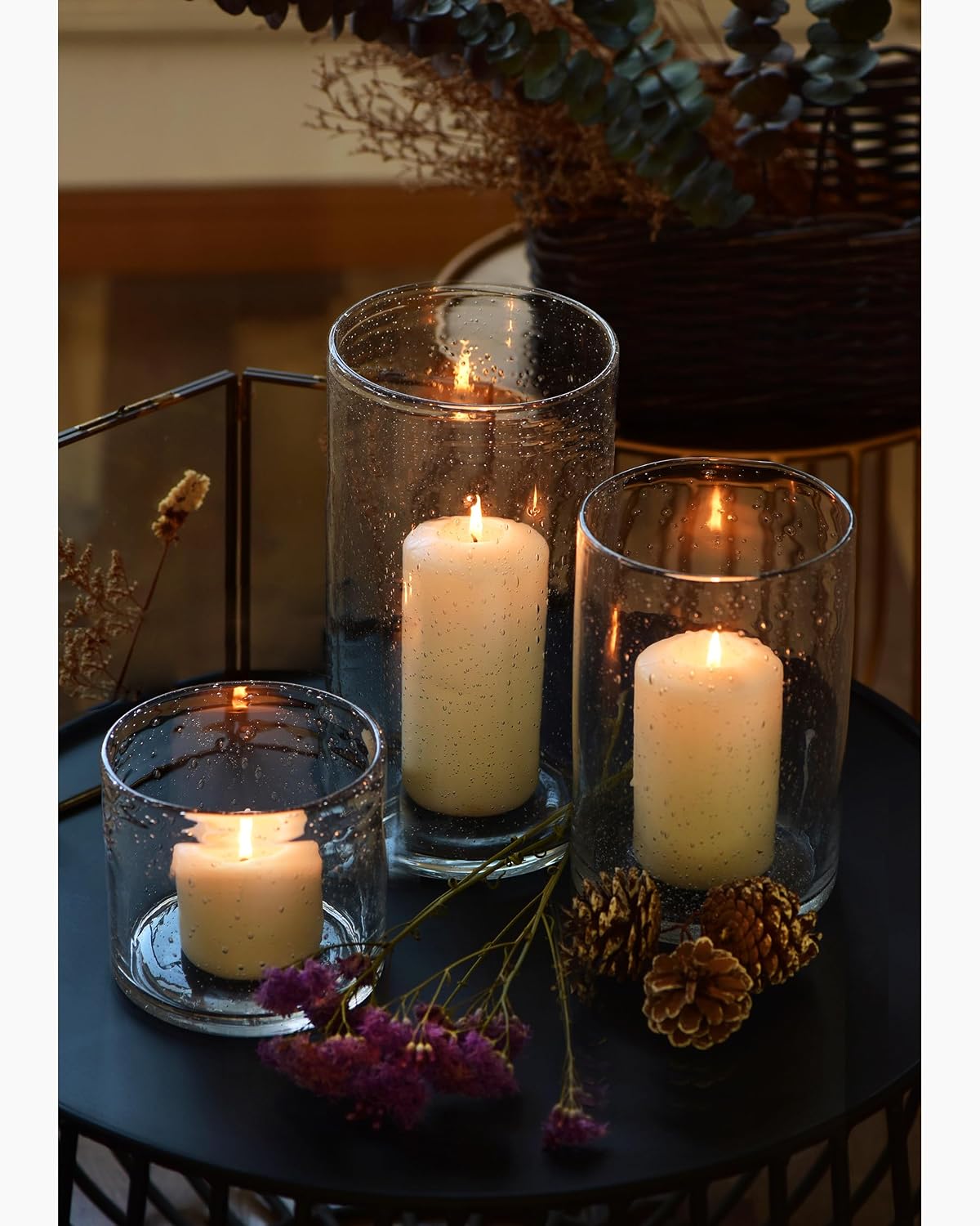 Hurricane Candle Holders Glass Cylinders Set of 3 (10" 7" 4") | Clear Seeded Bubbles, Cylinder Vases For Pillar
