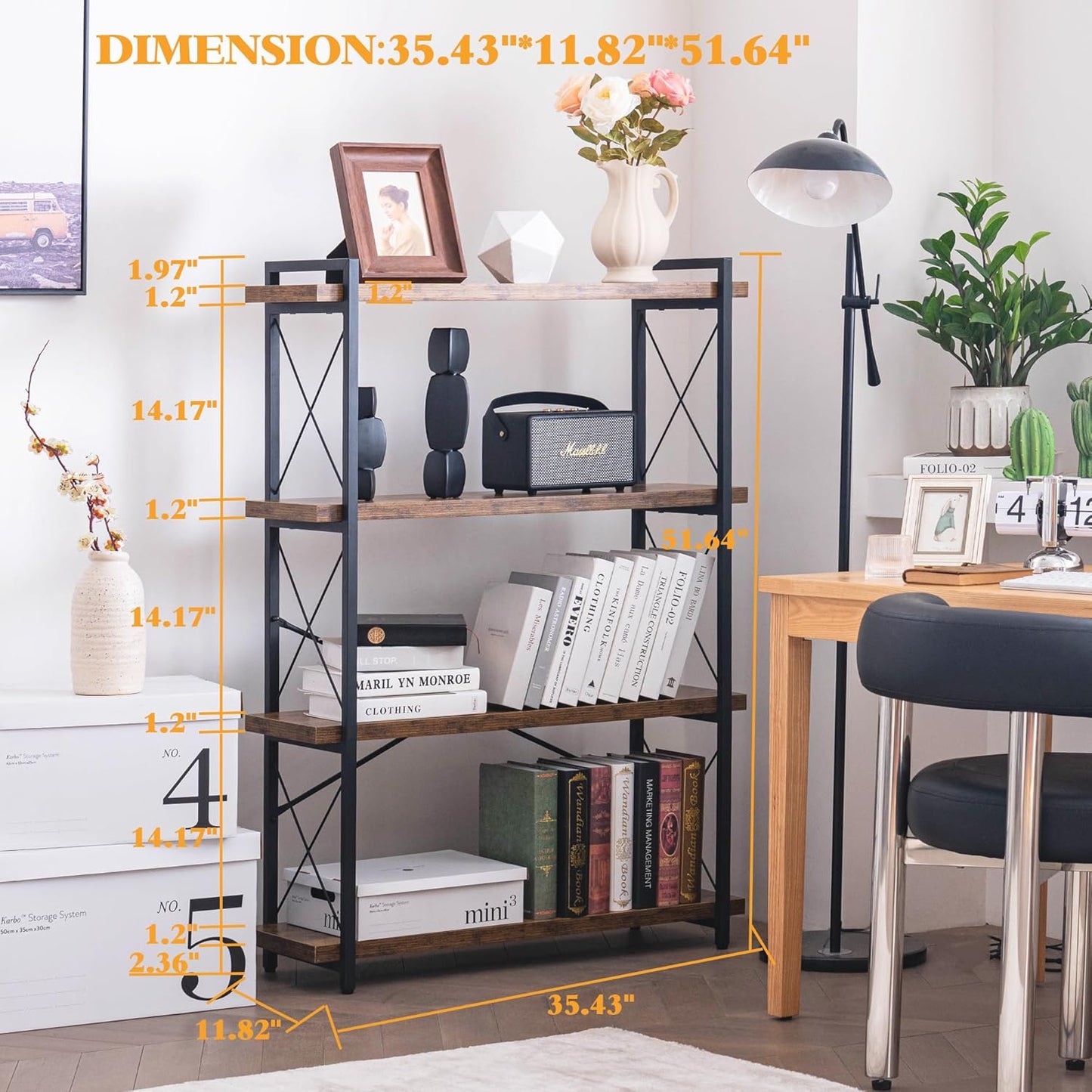 Metal Frame / Rustic Open Book Shelf / 4-tier / Rustic Brown
