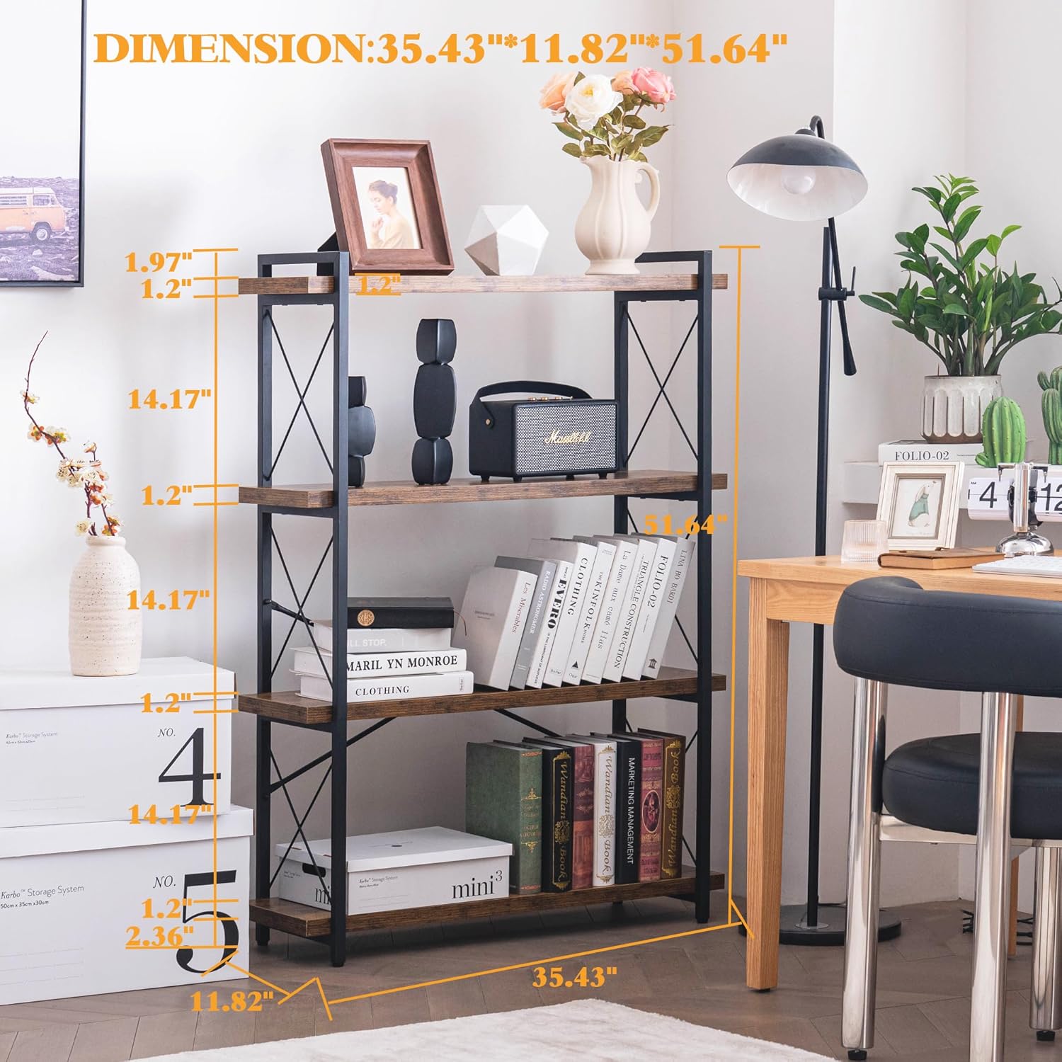 Metal Frame / Rustic Open Book Shelf / 4-tier / Rustic Brown