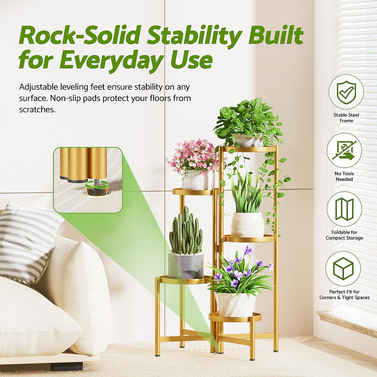 Gold Plant Stand, 4 Tiered Plant Stand Indoor for Multiple Large Planter, Tall Heavy Duty Adjustable Folding Rack with