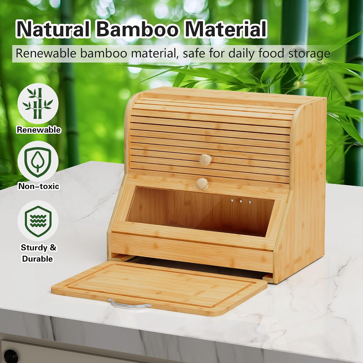 HOLTICO Roll Top Bamboo Bread Box with Cutting Board for Kitchen, Wood | 2-Tier Large Wood Bread Bin for Kitchen