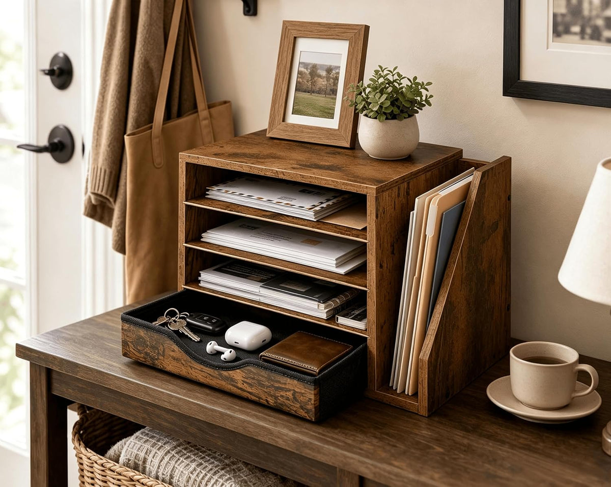 Wooden Desk Organizer with Drawers, Office Paper Mail and Organizer Wood | Four adjustable shelves and a 12-inch drawer