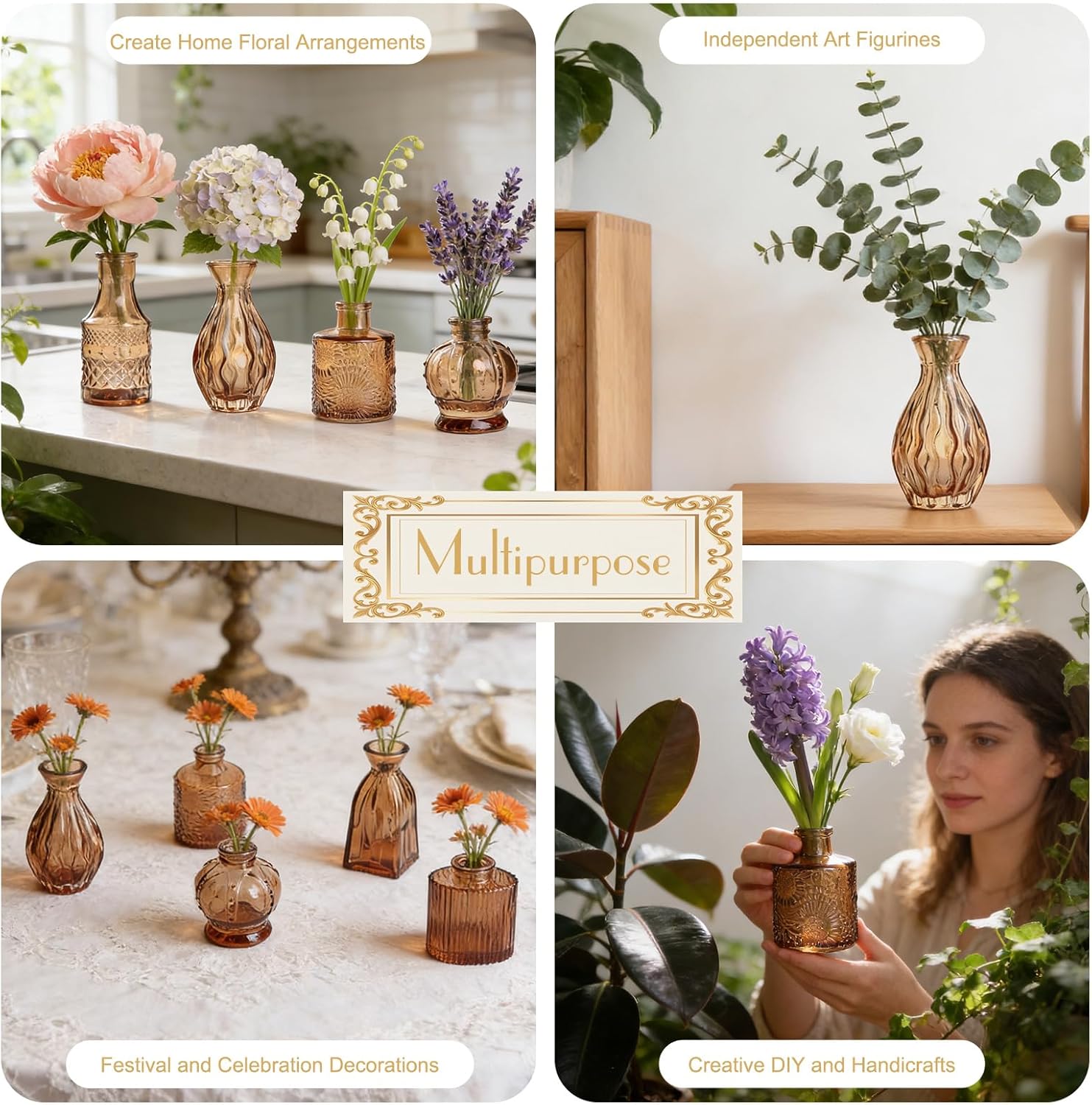 Glass Vase / Petal Petite Small Glass Bud Vase / Amber / Set of 6