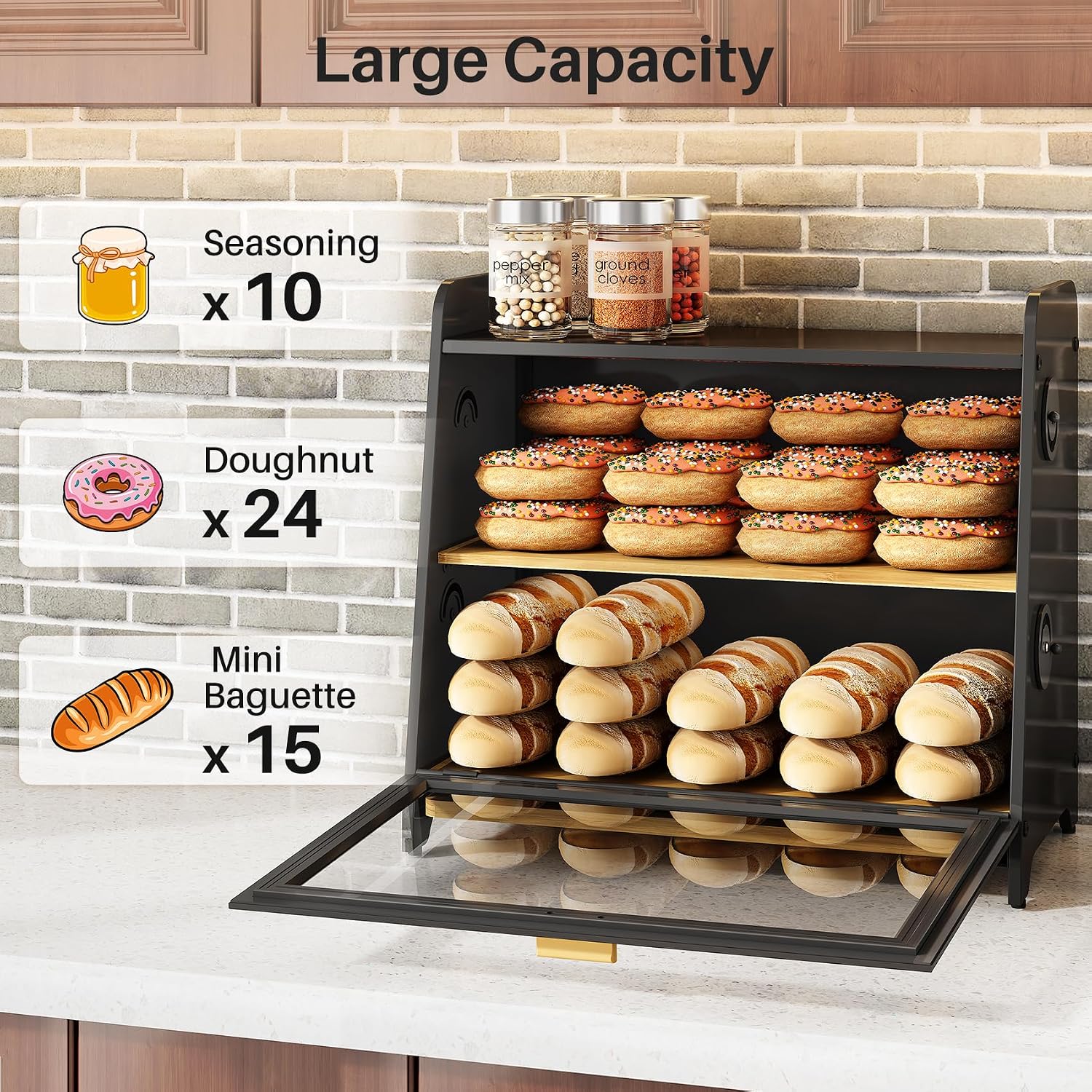 SNTD Airtight Bread Box for Kitchen Countertop, Bamboo Cutting Board, Black | Adjustable Vent Hole, Sorted Storage