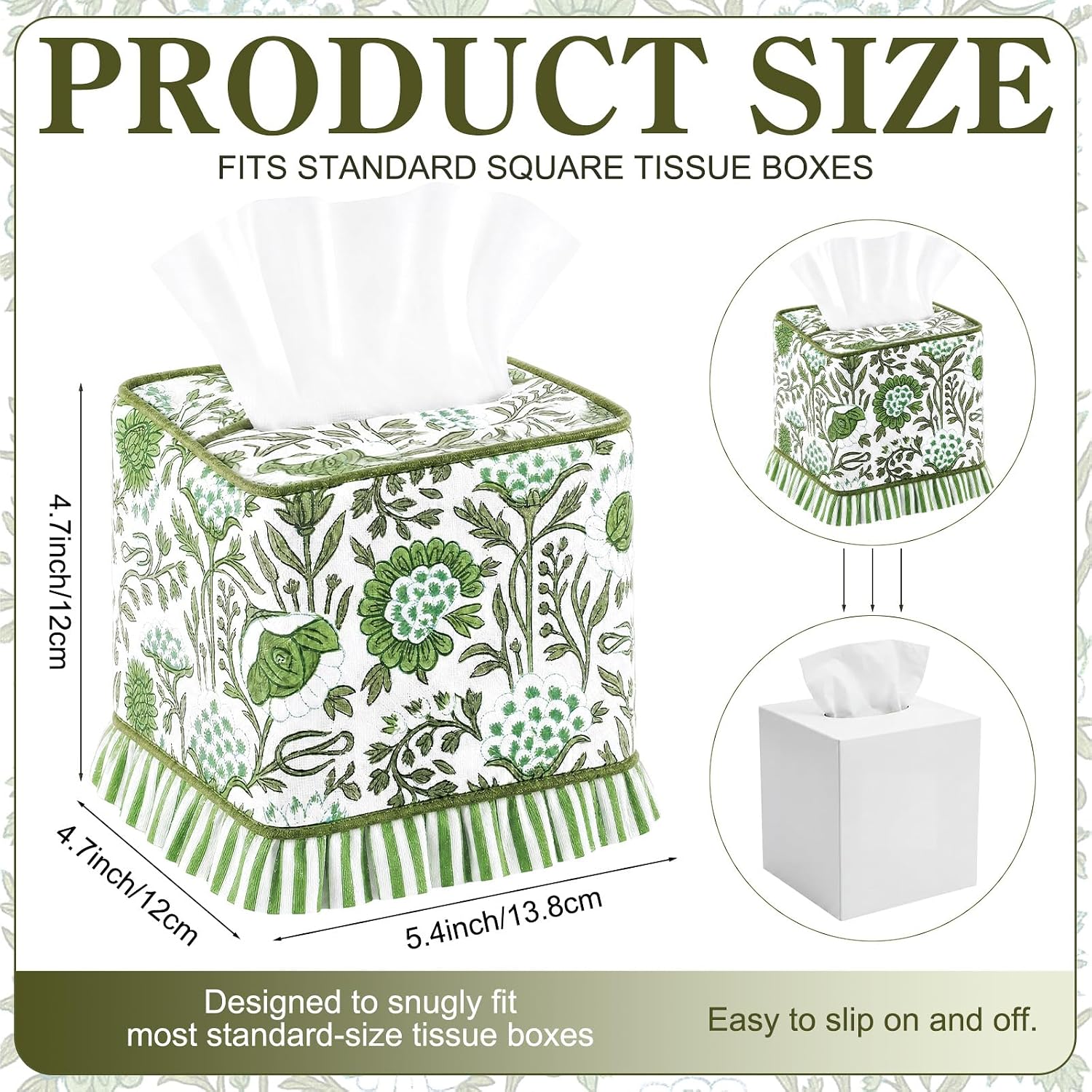 Agate Hand Block Printed Cotton Tissue Box Cover Decorative Square Boho / Floral Ruffle / Green