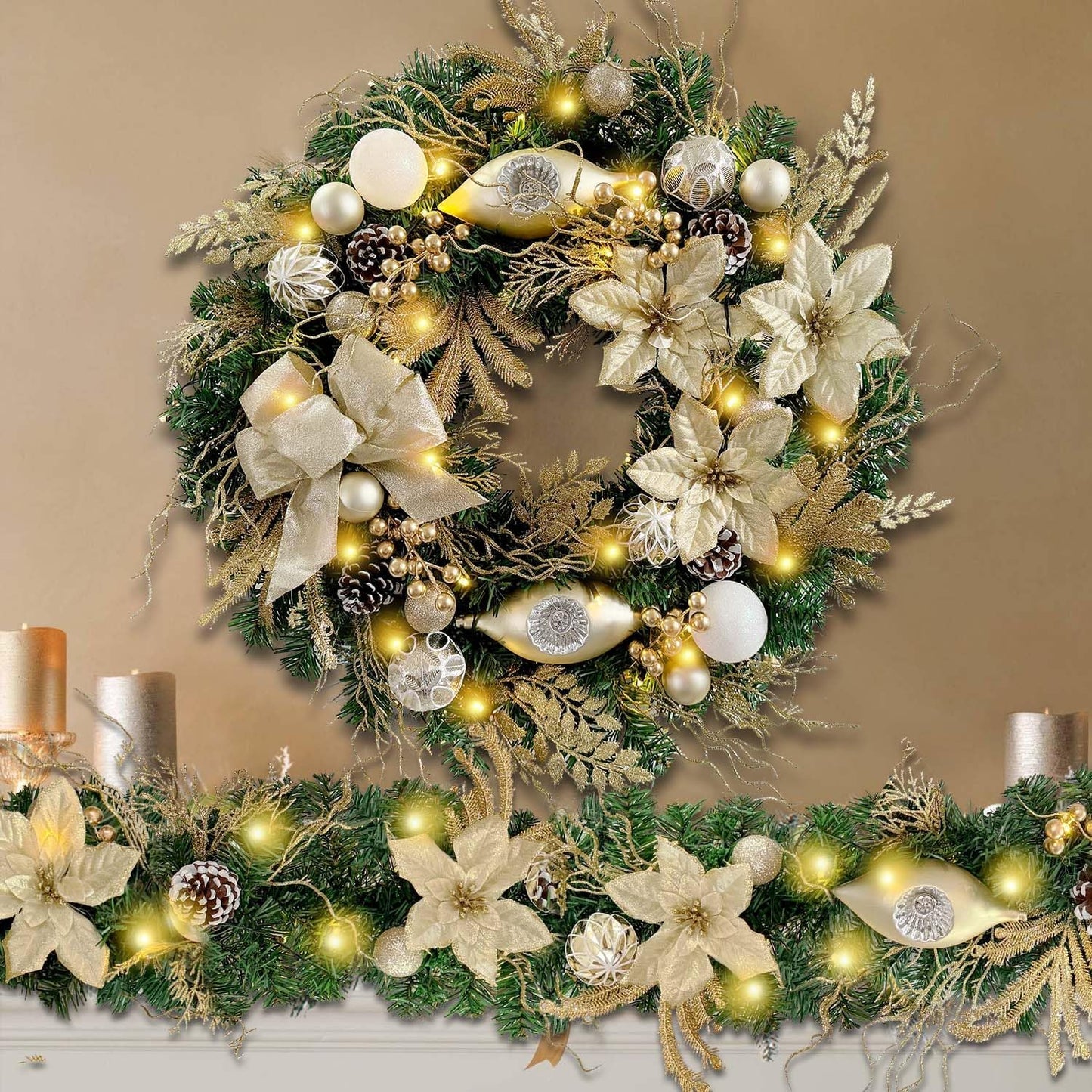 WANNA-CUL Pre-Lit 6 Feet/72 Inch Christmas Garland for Front Door with Lights Champagne Gold Christmas Mantel Garland