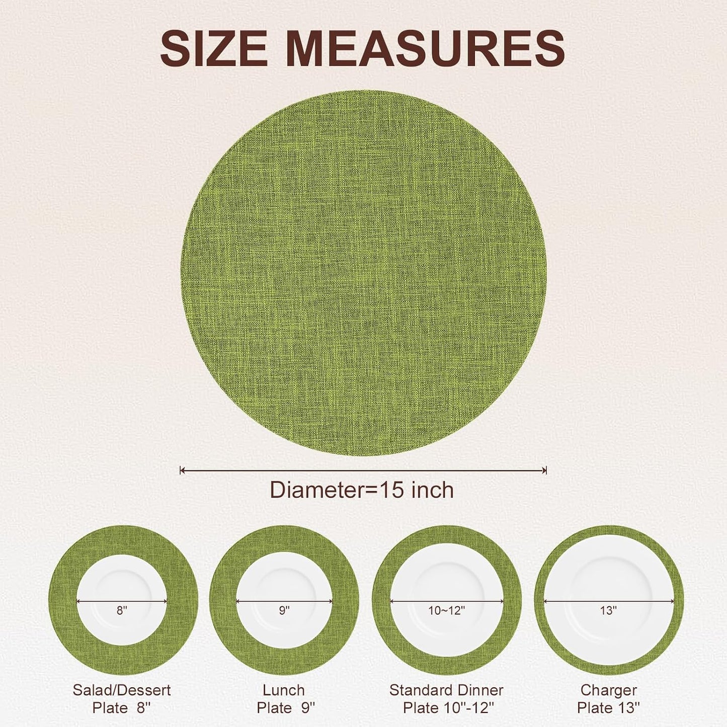 Cotton Linen 15 Inch Round Cloth Place mats, Set of 6, Grass Green | Washable Table Mats, Heat Resistant, Reversible