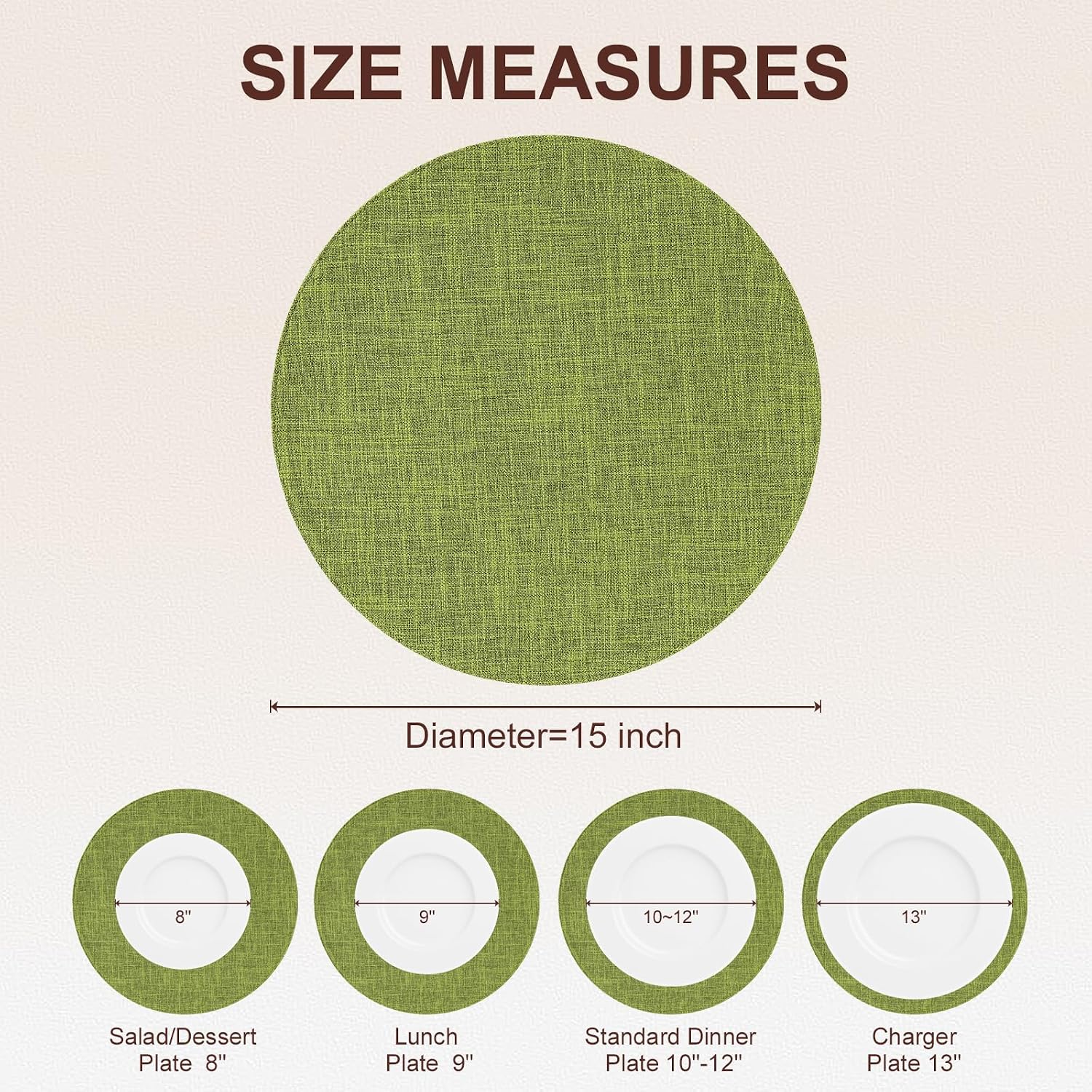 Cotton Linen 15 Inch Round Cloth Place mats, Set of 6, Grass Green | Washable Table Mats, Heat Resistant, Reversible
