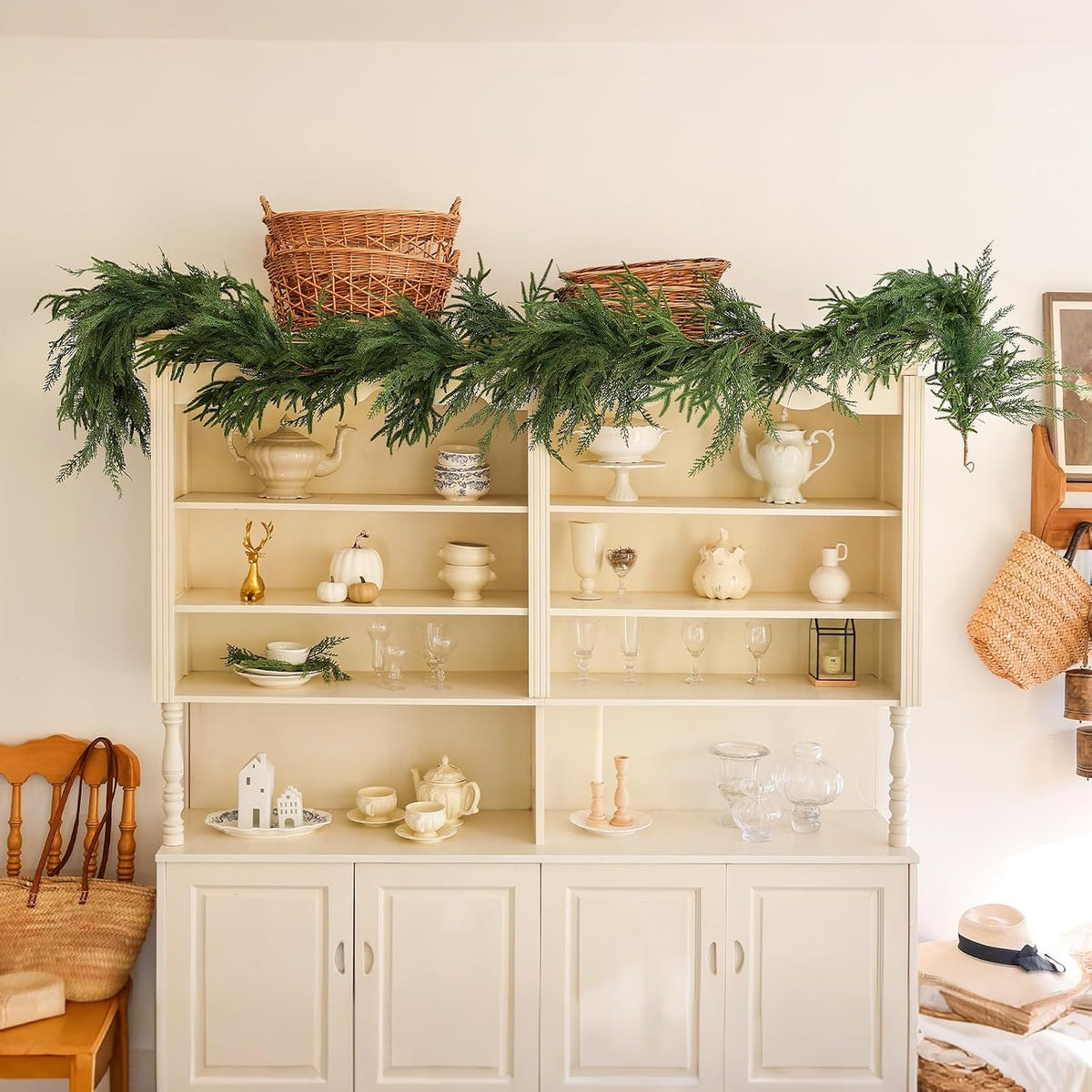 Christmas Norfolk Pine & Cedar Garland - 6 Ft mas Lighted Real Touch Mixed Green Artificial Greenery Garland for Table