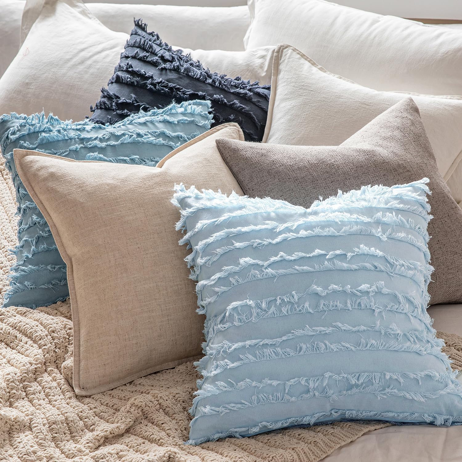 Decorative Boho Throw Pillow Covers Linen Striped Jacquard Pattern / 18 x 18 / Light Blue / Set of 2